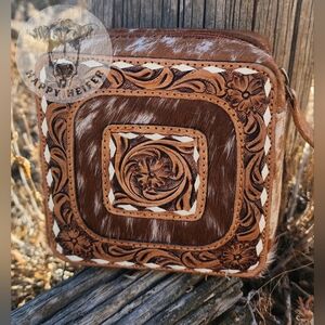 Western Cowhide And Handtooled Leather Double-stacker Small Jewelry Box NWOT